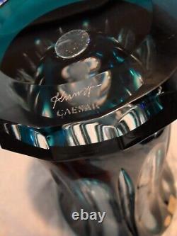 Caesar Crystal Bohemiae Czech Teal Azure Cut to Clear Lead Crystal Vase