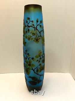 Cameo Art Glass Vase Tourquoise Blue Flowers 15 Inches Tall
