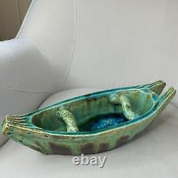 Canoe Glazed Stoneware Turquoise Drip Fused Blue Glass Bottom Statement Piece