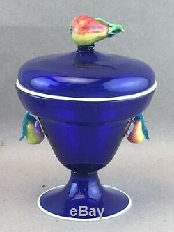 Carder Steuben Covered Vase Marmalade Jar Blue with Pears Fruit Embellishment