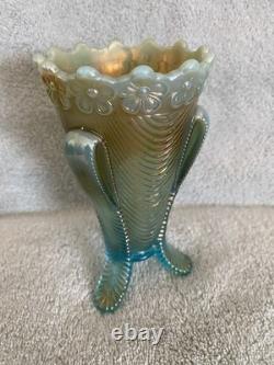 Carnival Glass Daisy and Drape Footed Vase Blue Opal