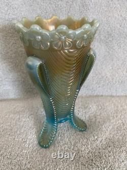Carnival Glass Daisy and Drape Footed Vase Blue Opal
