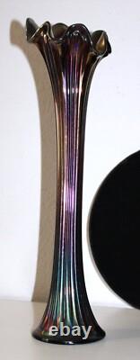 Carnival Glass Ruffle Vase Iridescent over Blue Glass 17 inch tall