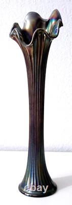 Carnival Glass Ruffle Vase Iridescent over Blue Glass 17 inch tall