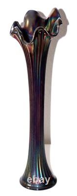 Carnival Glass Ruffle Vase Iridescent over Blue Glass 17 inch tall
