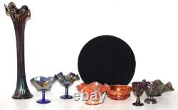 Carnival Glass Ruffle Vase Iridescent over Blue Glass 17 inch tall