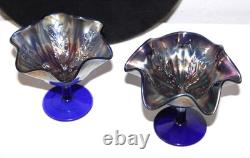 Carnival Glass Ruffle Vase Iridescent over Blue Glass 17 inch tall