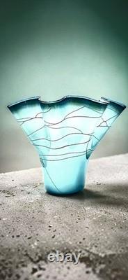 Cascade Creations Studio Art Glass Vase Signed 1996 Aqua Trumpet Flare 14