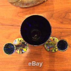 Cased Bohemian Czech Art Glass Vase & Candlesticks End of Day Blue Spatter Glass