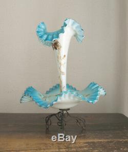 Centrepiece Epergne Hand Enameled Frill Edge Opaline Glass Victorin Antique