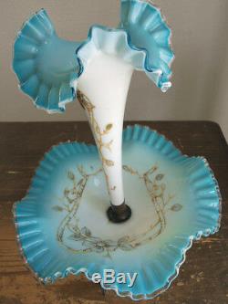 Centrepiece Epergne Hand Enameled Frill Edge Opaline Glass Victorin Antique