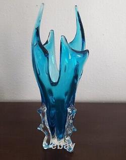 Chalet Art Glass Turquoise Blue Vase 12 Tall Stretched Cased Vintage Lorraine