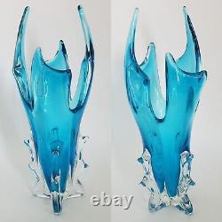 Chalet Art Glass Turquoise Blue Vase 12 Tall Stretched Cased Vintage Lorraine