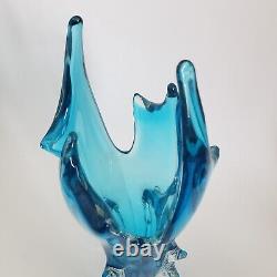 Chalet Art Glass Turquoise Blue Vase 12 Tall Stretched Cased Vintage Lorraine