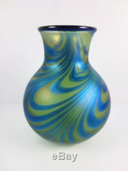 Charles Lotton 1982 Art Glass King Tut Vase 4 1/2 Iridescent Green Blue Signed