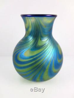 Charles Lotton 1982 Art Glass King Tut Vase 4 1/2 Iridescent Green Blue Signed