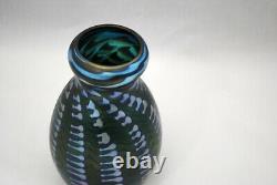 Charles Lotton Art Glass 6.5 inch Vase Blue Iridescent Zipper on Green 1978