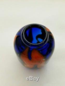 Charles Lotton Art Glass Blue Vase w Orange Flower 5 Dated Signed Hand Blown