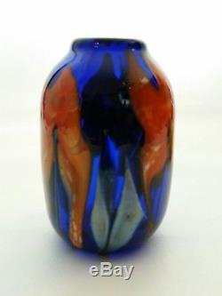 Charles Lotton Art Glass Blue Vase w Orange Flower 5 Dated Signed Hand Blown