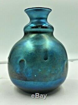 Charles Lotton Blue Aurene Iridescent Dimpled Art Glass Vase Signed Dated 1975