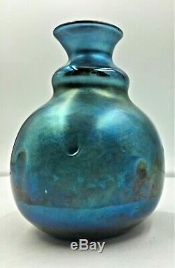 Charles Lotton Blue Aurene Iridescent Dimpled Art Glass Vase Signed Dated 1975