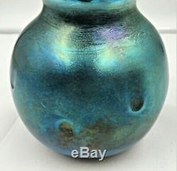 Charles Lotton Blue Aurene Iridescent Dimpled Art Glass Vase Signed Dated 1975