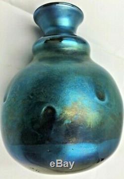 Charles Lotton Blue Aurene Iridescent Dimpled Art Glass Vase Signed Dated 1975