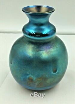 Charles Lotton Blue Aurene Iridescent Dimpled Art Glass Vase Signed Dated 1975