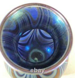 Charles Lotton Blue Iridescent Drape Art Glass Vase 6 Signed Dated 1983
