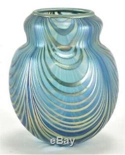 Charles Lotton Blue Iridescent Draped Art Glass Vase Signed / Dated 1980