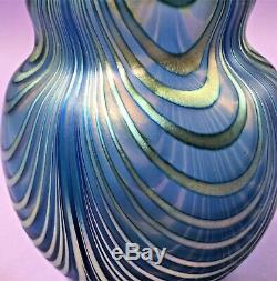 Charles Lotton Blue Iridescent Draped Art Glass Vase Signed / Dated 1980