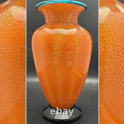 Chatham Cased Art Glass Orange & Blue Gold Speckled Optic Vase Made in USA 11t