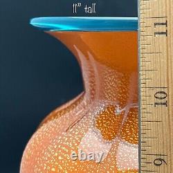 Chatham Cased Art Glass Orange & Blue Gold Speckled Optic Vase Made in USA 11t