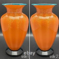 Chatham Cased Art Glass Orange & Blue Gold Speckled Optic Vase Made in USA 11t