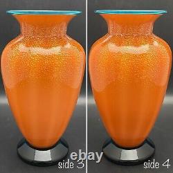 Chatham Cased Art Glass Orange & Blue Gold Speckled Optic Vase Made in USA 11t