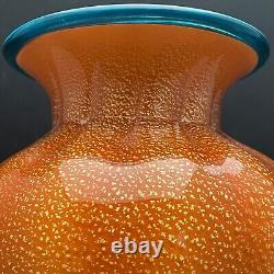 Chatham Cased Art Glass Orange & Blue Gold Speckled Optic Vase Made in USA 11t