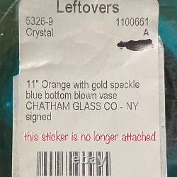 Chatham Cased Art Glass Orange & Blue Gold Speckled Optic Vase Made in USA 11t