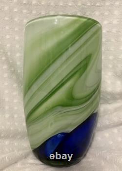 Cobalt Blue And Green Swirl Glass Contrast Vase. Murano Kosta Boda Style 10 In