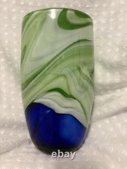Cobalt Blue And Green Swirl Glass Contrast Vase. Murano Kosta Boda Style 10 In