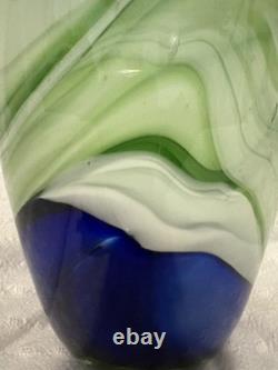 Cobalt Blue And Green Swirl Glass Contrast Vase. Murano Kosta Boda Style 10 In