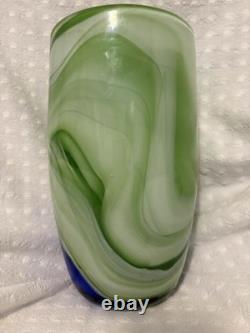 Cobalt Blue And Green Swirl Glass Contrast Vase. Murano Kosta Boda Style 10 In