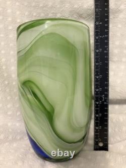 Cobalt Blue And Green Swirl Glass Contrast Vase. Murano Kosta Boda Style 10 In