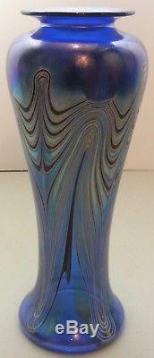Cobalt Blue Art Glass Vase With Colorful Pulled Feather Design Signed Marc Boutte