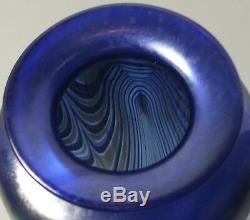 Cobalt Blue Art Glass Vase With Colorful Pulled Feather Design Signed Marc Boutte