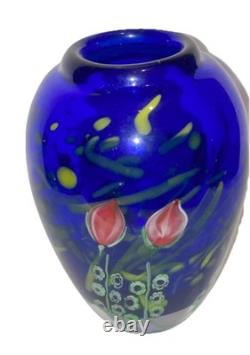 Cobalt Blue Art Glass Vase With Flowers 5 1/2 Tall Heavy Arthur Kusak Millie
