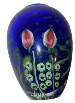 Cobalt Blue Art Glass Vase With Flowers 5 1/2 Tall Heavy Arthur Kusak Millie