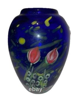 Cobalt Blue Art Glass Vase With Flowers 5 1/2 Tall Heavy Arthur Kusak Millie