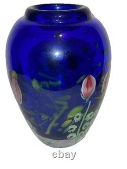 Cobalt Blue Art Glass Vase With Flowers 5 1/2 Tall Heavy Arthur Kusak Millie