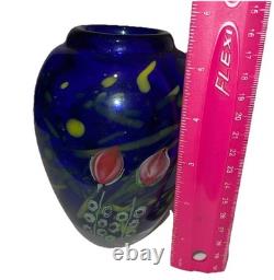 Cobalt Blue Art Glass Vase With Flowers 5 1/2 Tall Heavy Arthur Kusak Millie