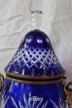 Cobalt Blue Cut Bohemian Crystal Lidded Vase with Ormolu Brass Structure